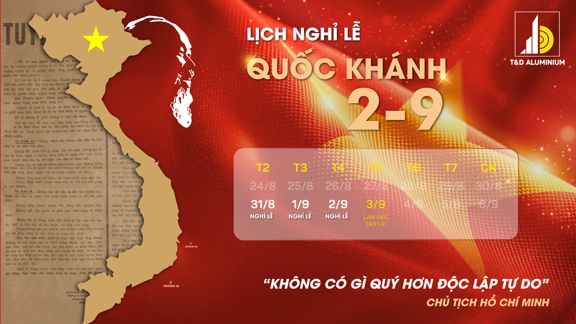 NHÔM TIẾN ĐẠT THÔNG BÁO LỊCH NGHỈ LỄ QUỐC KHÁNH 02/09
